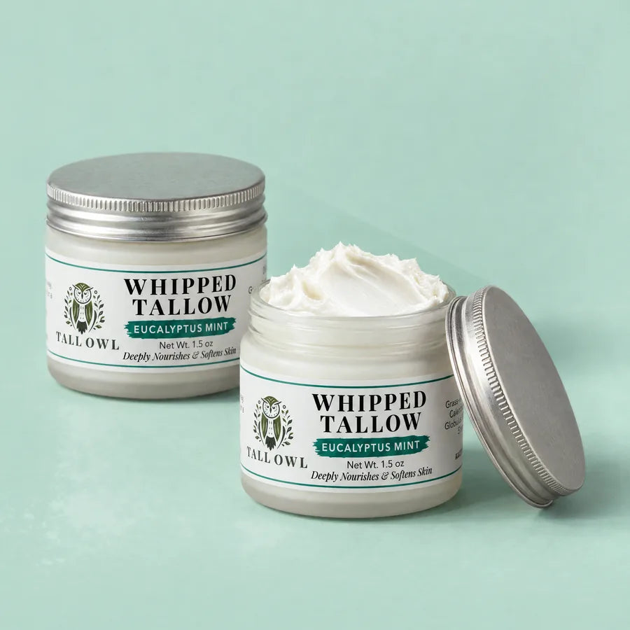 Two of Tall Owl Whipped Tallow - Eucalyptus Mint, 1.5 oz, closed jar front label