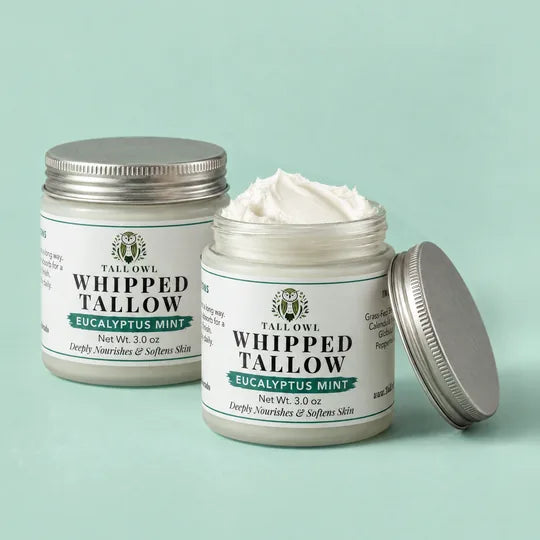 Tall Owl Whipped Tallow - Eucalyptus Mint, 3 oz, closed jar front label