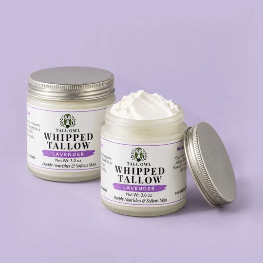 Tall Owl Whipped Tallow - Lavender, 3 oz, closed jar front label