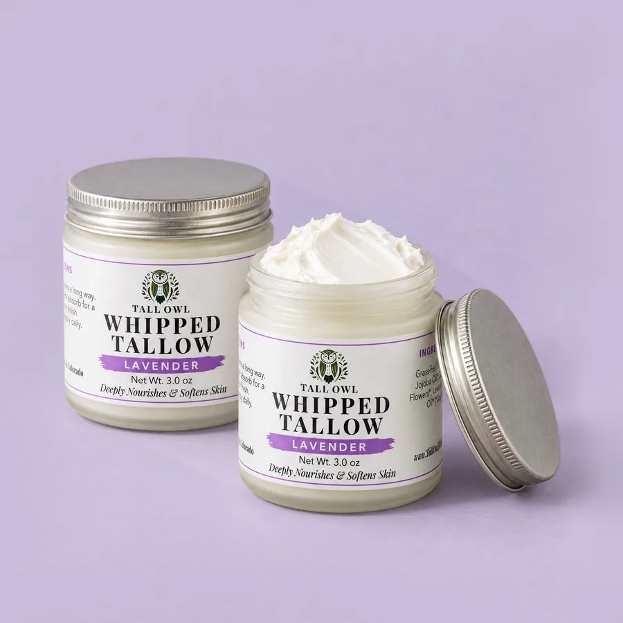 Two of Tall Owl Whipped Tallow - Lavender, 3 oz, closed jar front label