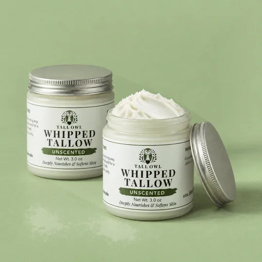 Tall Owl Whipped Tallow - Unscented, 3 oz, closed jar front label