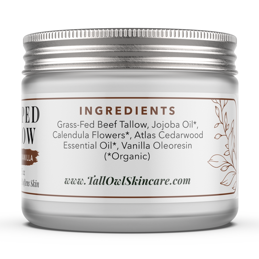 Back of the Cedarwood Vanilla Whipped Tallow 1.5 oz jar, showing its ingredient panel