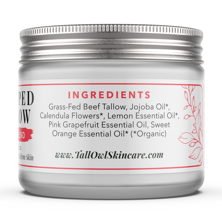 Back of the Citrus Blend Whipped Tallow 1.5 oz jar, showing its ingredient panel