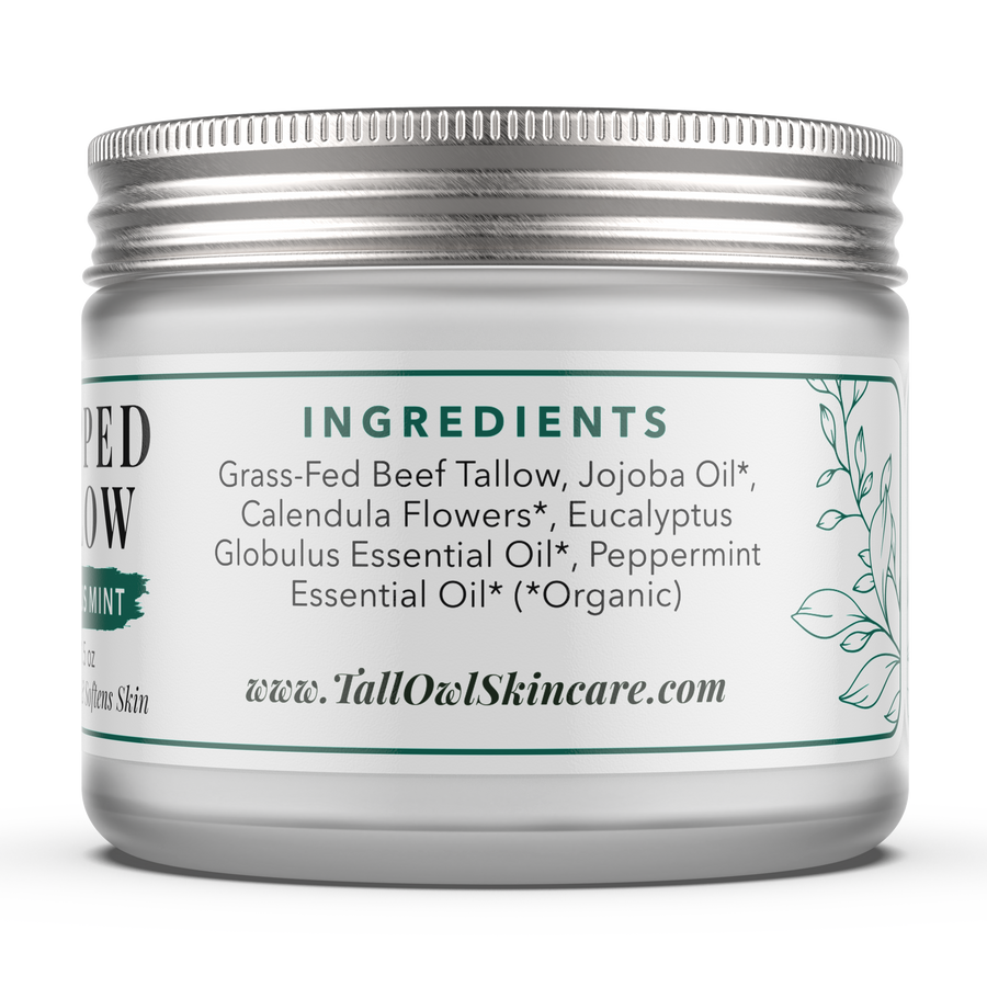 Back of the Eucalyptus Mint Whipped Tallow 1.5 oz jar, showing its ingredient panel