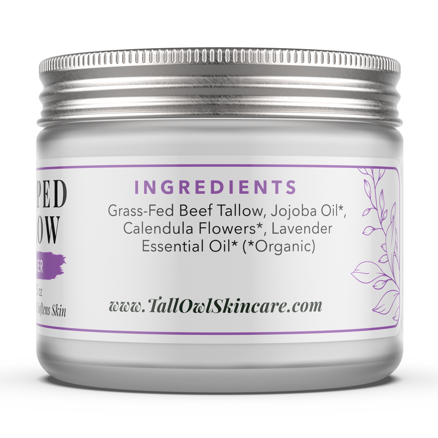 Back of the Lavender Whipped Tallow 1.5 oz jar, showing its ingredient panel