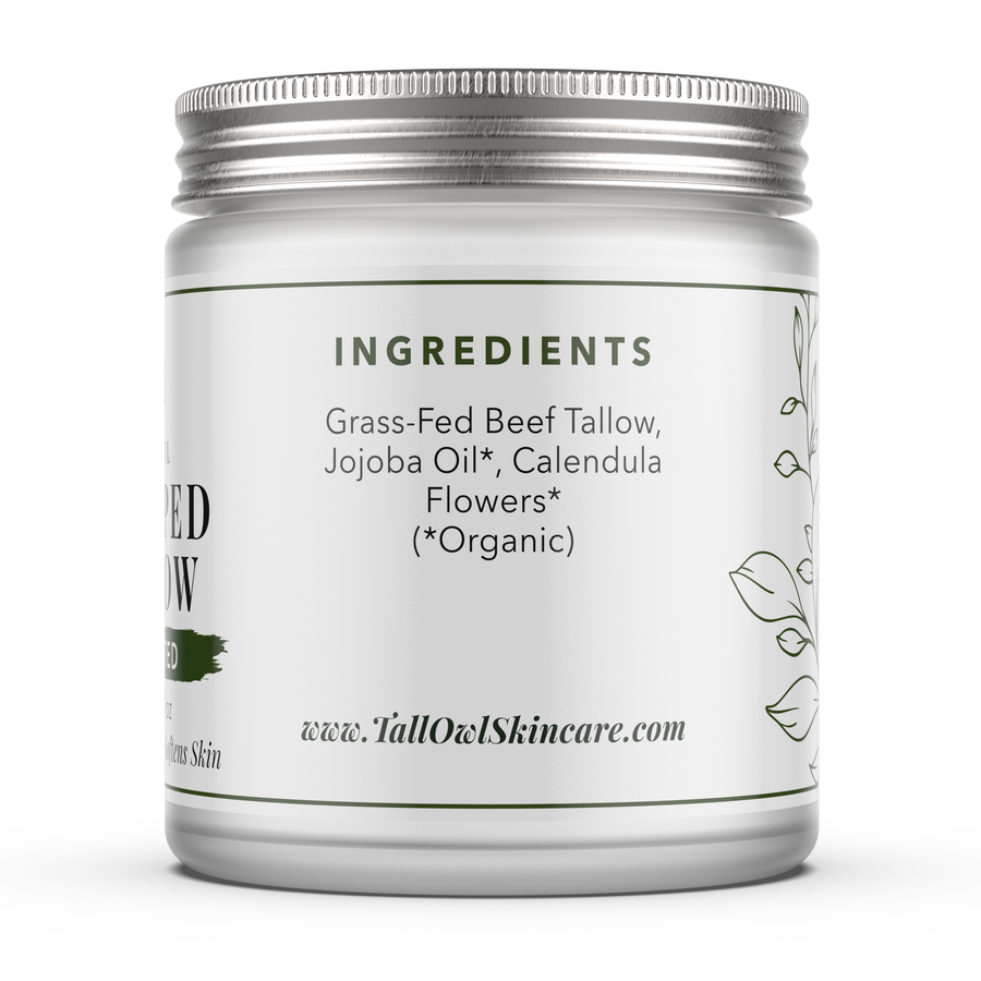 Back of the Unscented Whipped Tallow 3 oz jar, showing its ingredient panel