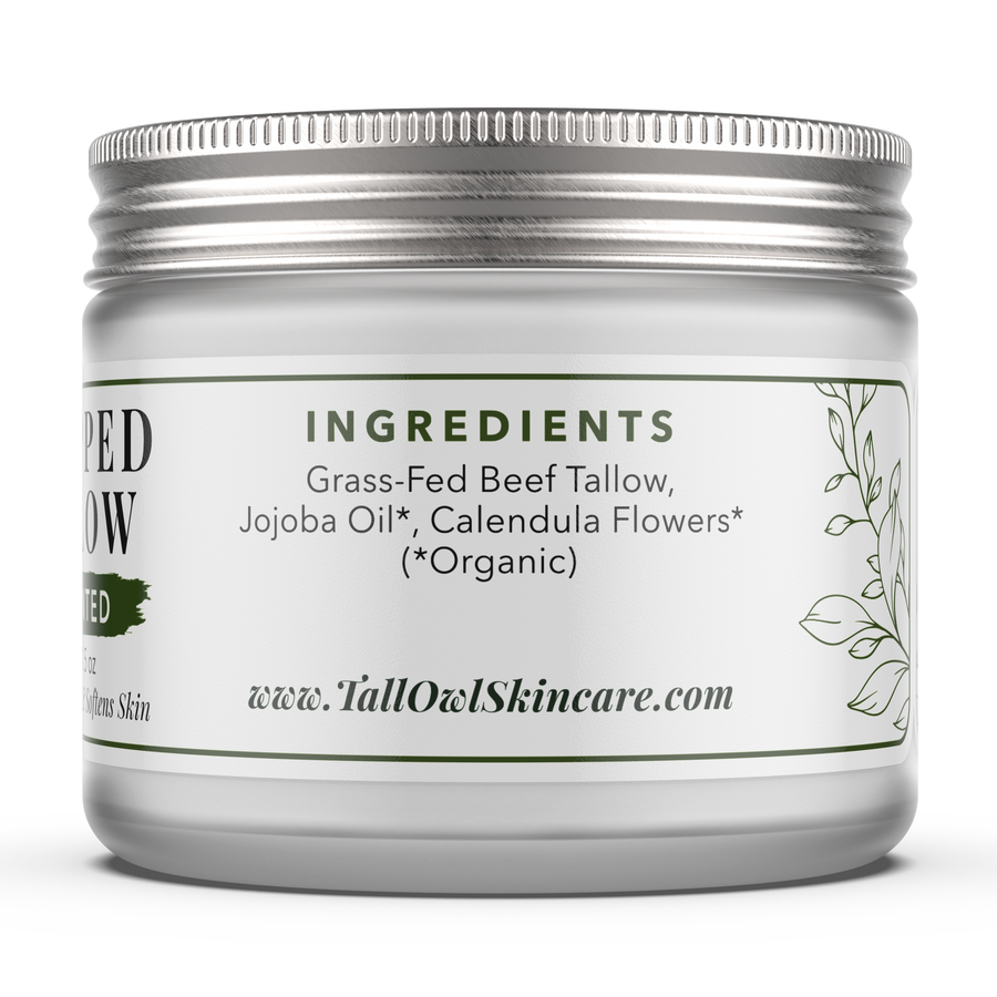 Back of the Unscented Whipped Tallow 1.5 oz jar, showing its ingredient panel