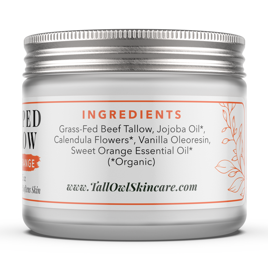 Back of the Vanilla Orange Whipped Tallow 1.5 oz jar, showing its ingredient panel