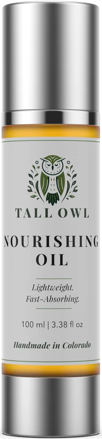 Tall Owl Nourishing Oil, closed 100 mL silver pump bottle