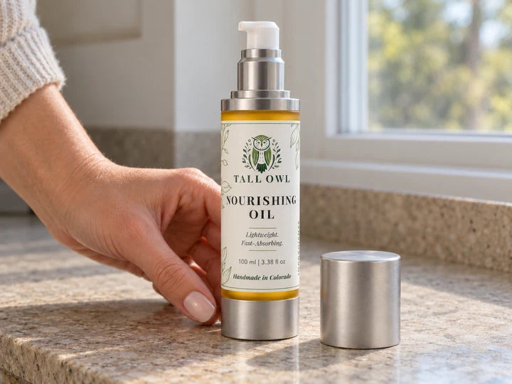 A hand holding the 100 mL Tall Owl Nourishing Oil pump bottle on a counter beside its silver cap