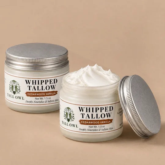Tall Owl Whipped Tallow - Cedarwood Vanilla, 1.5 oz, closed jar front label