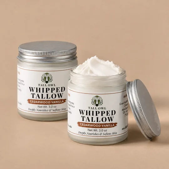 Tall Owl Whipped Tallow - Cedarwood Vanilla, 3 oz, closed jar front label