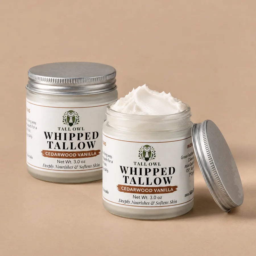 Two of Tall Owl Whipped Tallow - Cedarwood Vanilla, 3 oz, closed jar front label