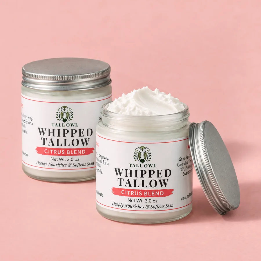 Two of Tall Owl Whipped Tallow - Citrus Blend, 3 oz, closed jar front label