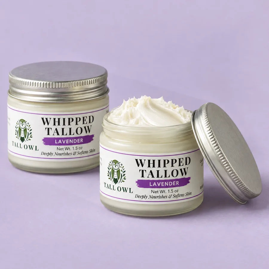 Two of Tall Owl Whipped Tallow - Lavender, 1.5 oz, closed jar front label