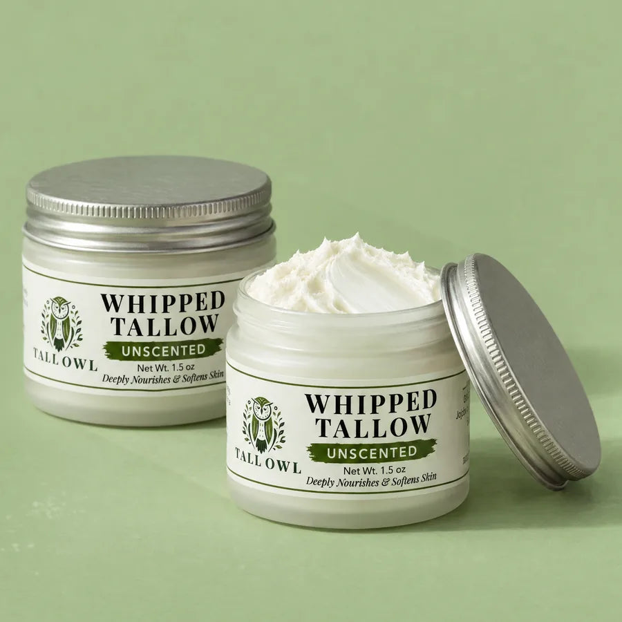 Two of Tall Owl Whipped Tallow - Unscented, 1.5 oz, closed jar front label