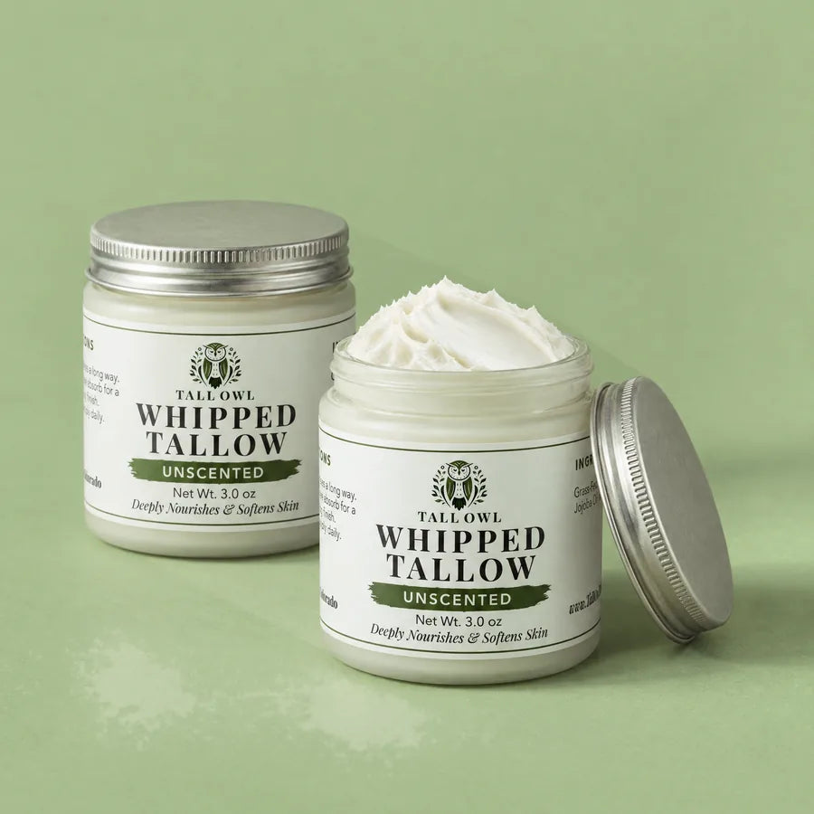 Two of Tall Owl Whipped Tallow - Unscented, 3 oz, closed jar front label