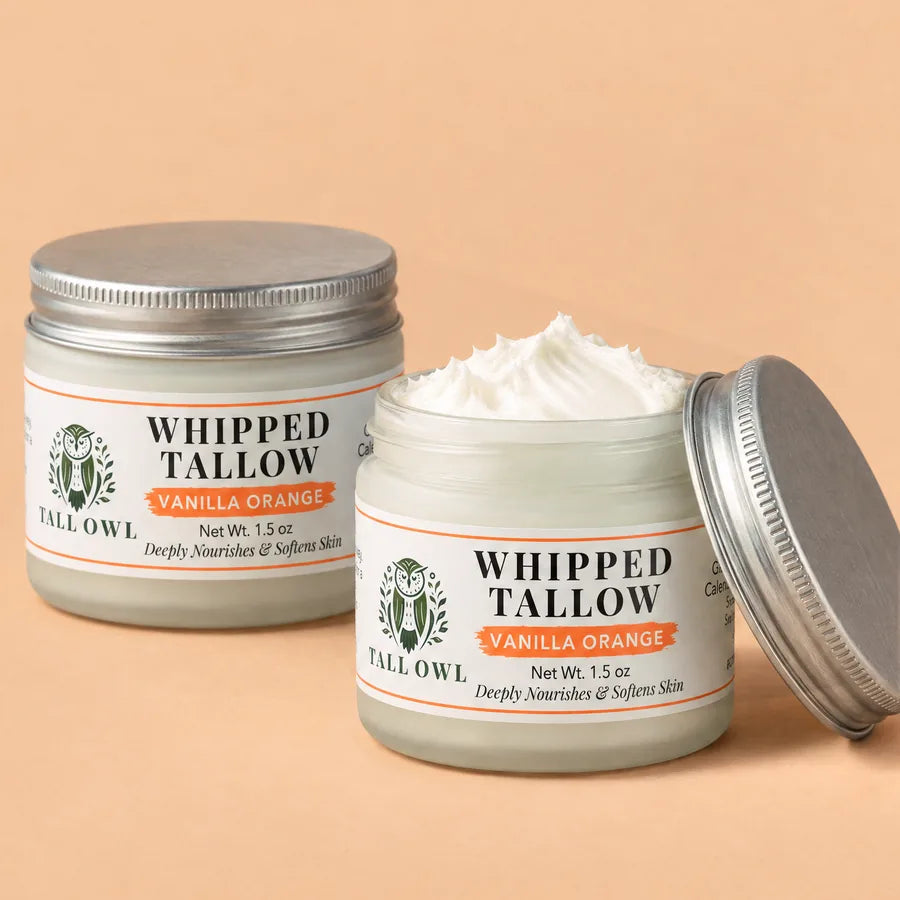 Two of Tall Owl Whipped Tallow - Vanilla Orange, 1.5 oz, closed jar front label