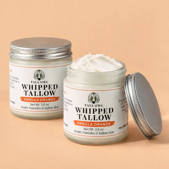 Tall Owl Whipped Tallow - Vanilla Orange, 3 oz, closed jar front label